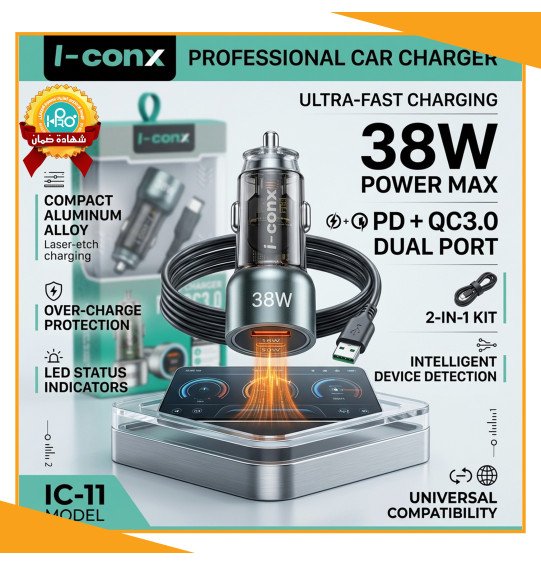 شاحن سيارة مايكرو اصلى شركة 38 وات مخرج PD + QC 3.0 فاست I-CONX  IC-11
