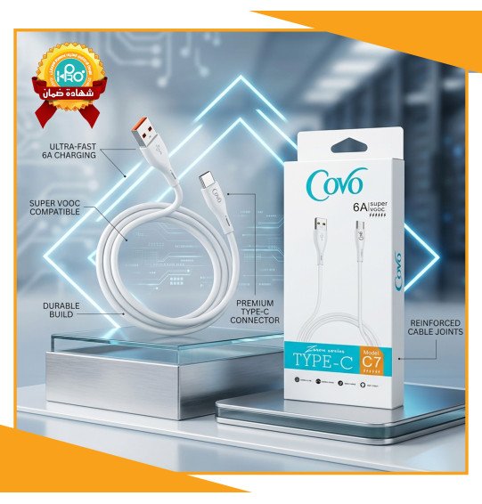 كابل تايب سى اصلى شركة 6 امبير COVO C7 بيدعم سوبر فوك 
