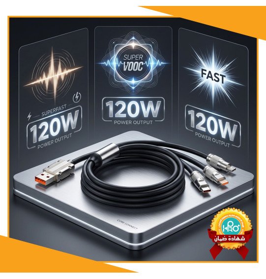 كابل شحن 3*1 بيدعم فاست و سوبر فوك (بدون باكيت)