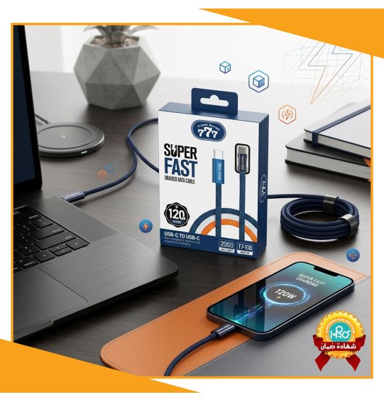 كابل تايب سى * تايب سى 120 وات طول 2 متر اصلى شركة TRIPEL SEVEN 777 T7-108