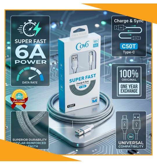 كابل تايب سى اصلى شركة 6 امبير سوبر فاست COVO C50T