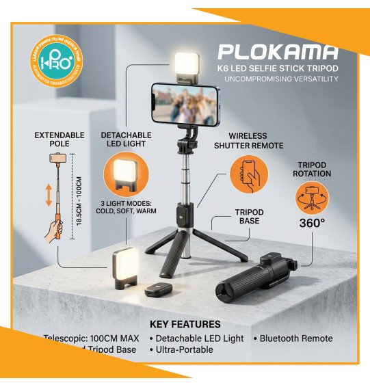 سيلفي بلوتوث مزود بكشاف اصلى شركة PLOKAMA LIVE-K6 LED
