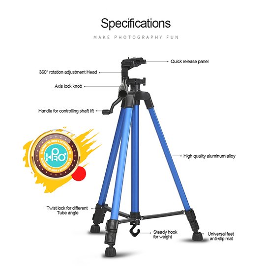 ترايبود موبايل وكاميرا تصوير معدن مقاوم للصدمات ارتفاع 140 سم TRIPOD 3366 