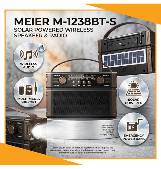 صب بلوتوث + راديو انتيكا + كشاف + طاقة شمسية MEIER M-1238BT-S